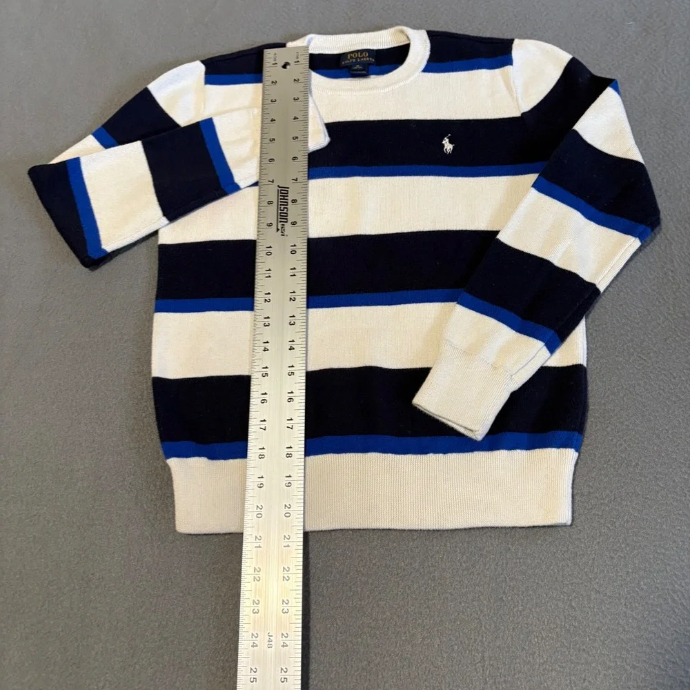 Polo Ralph Lauren Sweater Boys M (10-12) Blue White Striped Cotton Pony Logo
